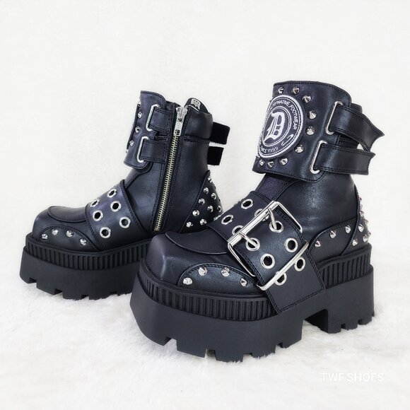 Wicked Wrath 58 Square Toe Goth Lace Up Big Buckle Strap Ankle Boots - Picture 3 of 13